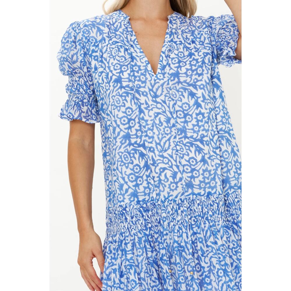 OLIPHANT Tuckernuck Smocked Drop Waist Mini Dress Cypress Blue Print S - Picture 5 of 10